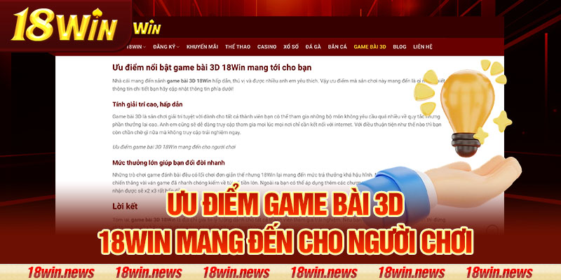 Ưu điểm game bài 3D 18Win mang đến cho người chơi